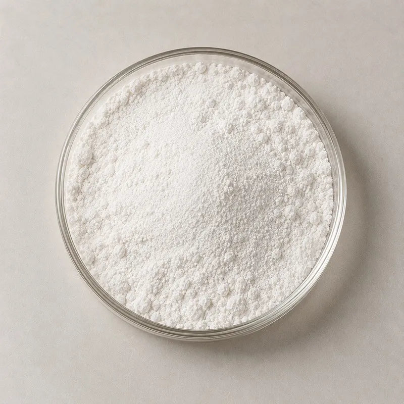 White powder with fine and coarse grains in a clear glass dish on a stone grey background