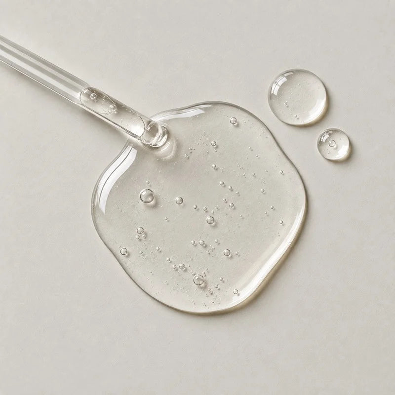 A glass dropper releasing a clear viscous peptide solution onto a stone grey surface, with two beads of the same liquid beside it