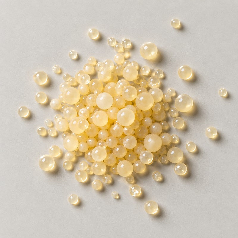 A scatter of pale yellow spherical retinol capsules in mixed sizes on a stone grey background