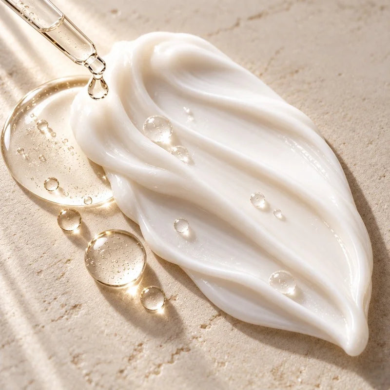 A dropper releasing clear lactic acid onto a swipe of thick white cream, with beads of liquid beside it, on a pale textured background