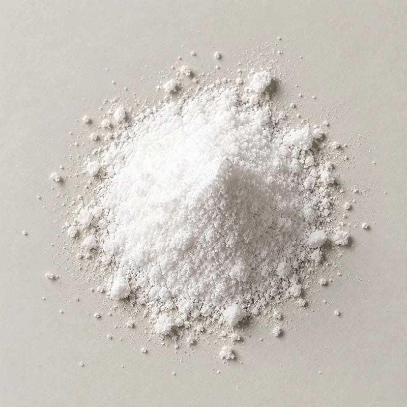 A loose mound of fine white niacinamide powder on a stone grey background