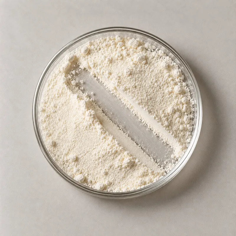 Cream coloured powder in a clear glass dish with a spatula swipe cut through the middle, on a stone grey background