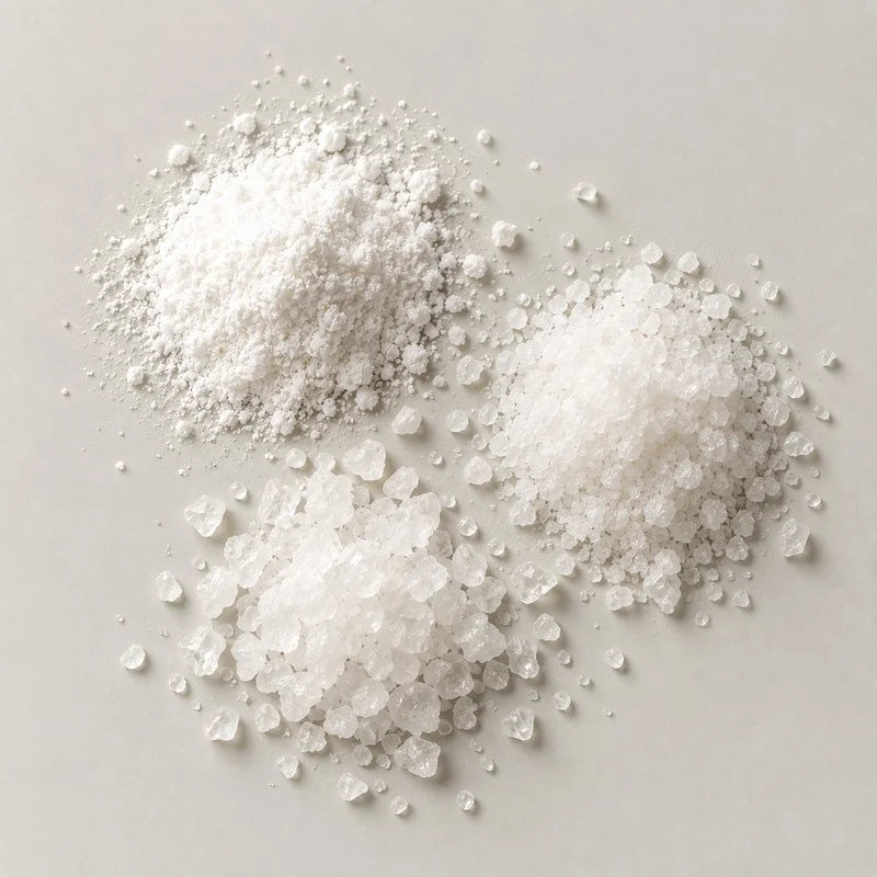 Three mounds of white vitamin C in different grains, fine powder, medium granules and coarse crystals, on a stone grey background