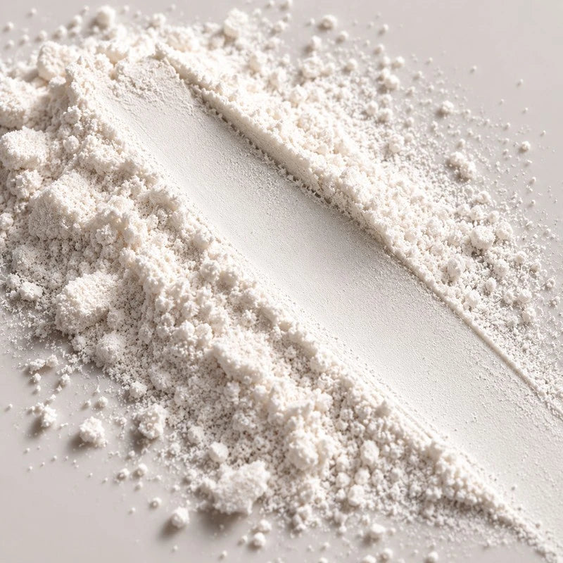 White powder spread and swiped flat across a stone grey surface, with loose grains scattered around it