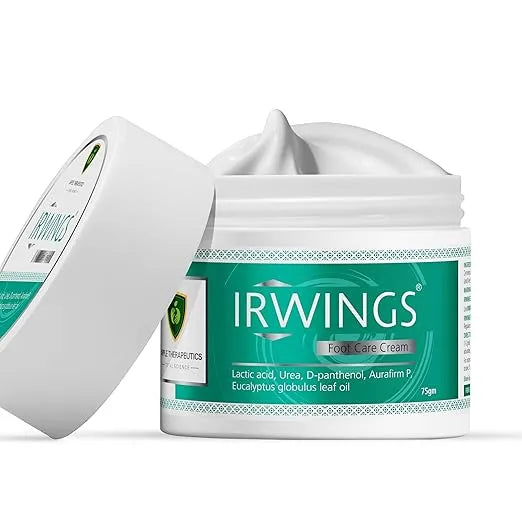 Irwings Foot Care Cream jar with the lid off, showing the white cream inside