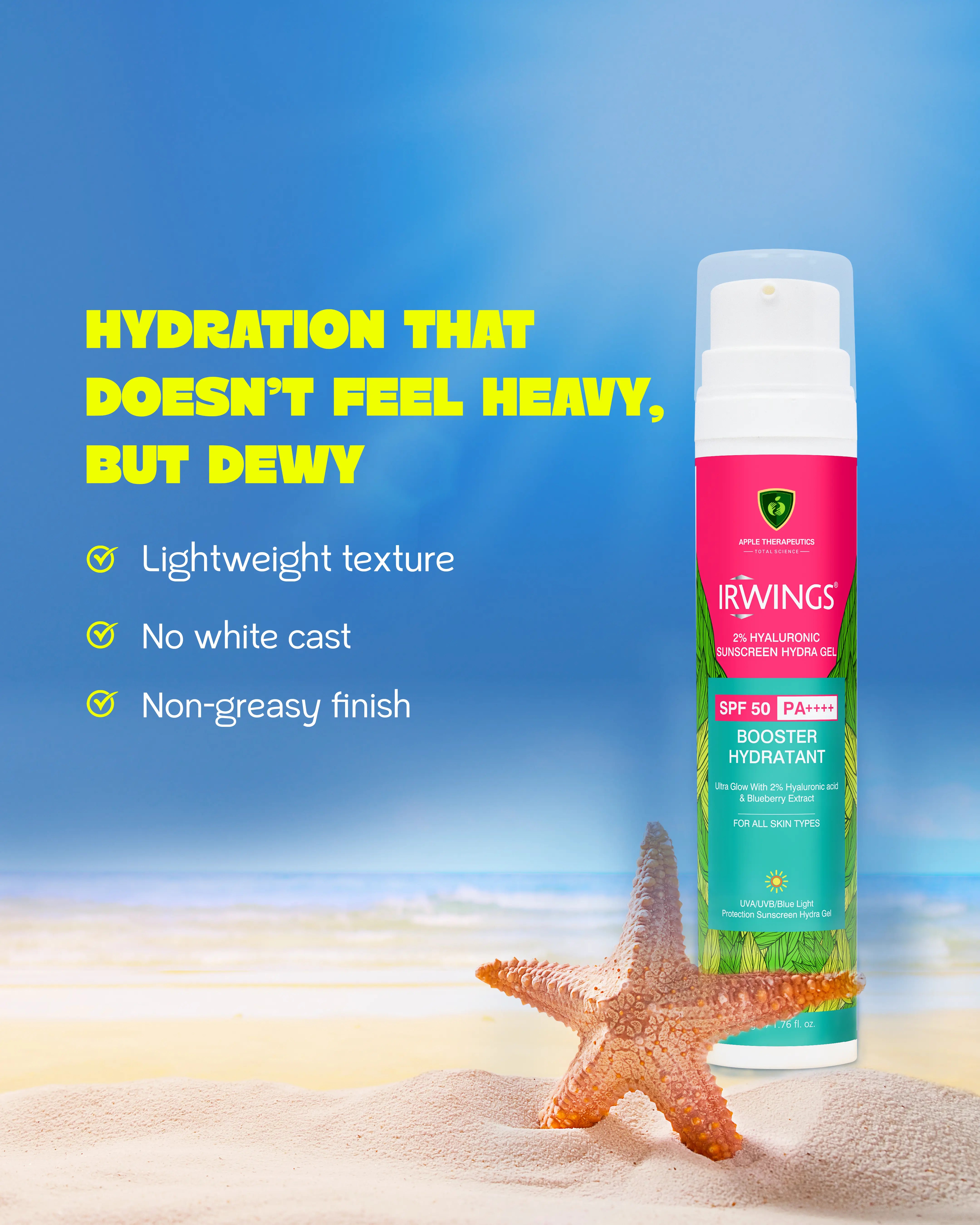 IRWINGS 2% Hyaluronic Sunscreen Hydra Gel SPF 50 PA++++ | Hydrating, Lightweight & Non-Greasy | Sunscreen for Oily & Acne-Prone Skin