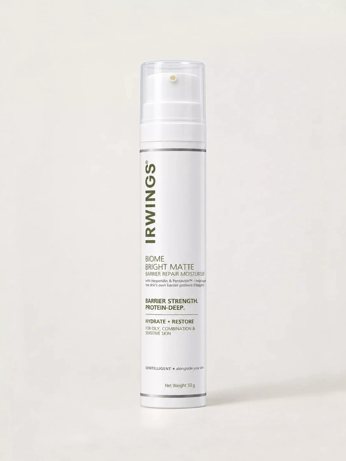 Irwings Biome Bright Matte Barrier Repair Moisturiser 50g pump bottle, for oily and combination skin