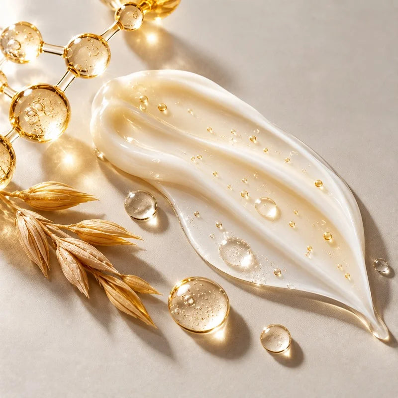 A swipe of white cream with oat sheaves and a gold molecule graphic on a pale background