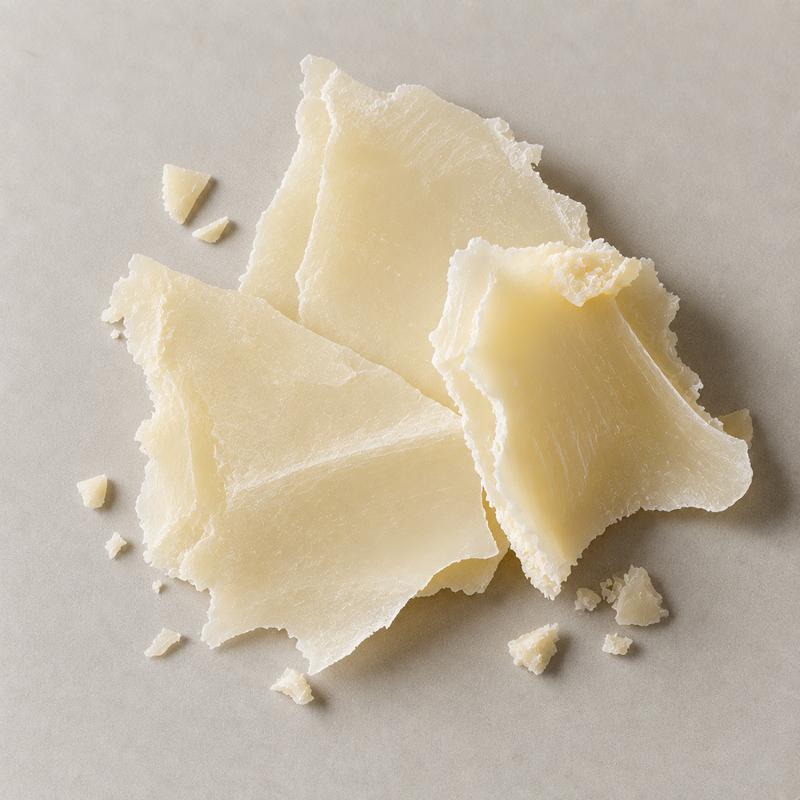 Pale cream coloured ceramide flakes and crumbs on a stone grey background