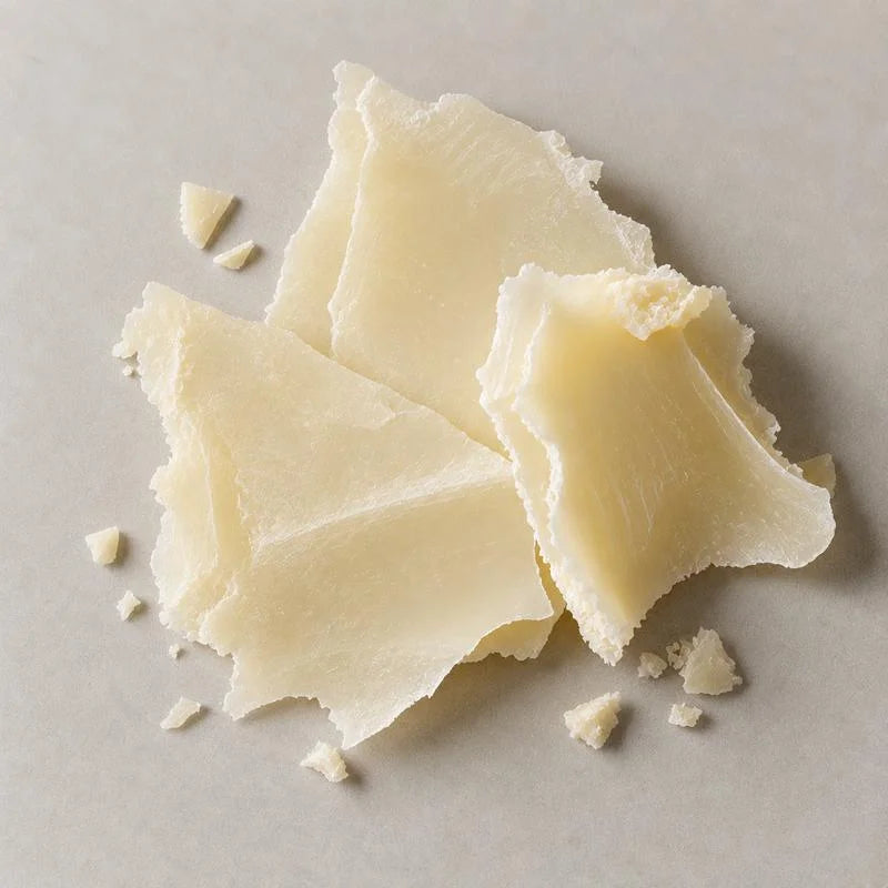 Pale cream coloured ceramide flakes and crumbs on a stone grey background