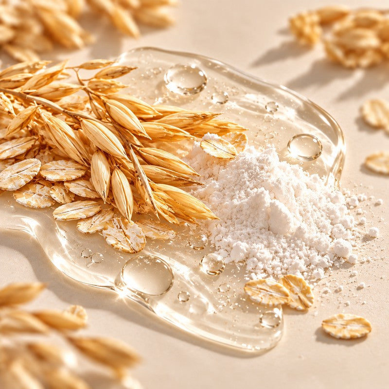 Oat sheaves and rolled oats beside a mound of white allantoin powder in a pool of clear gel, on a pale background