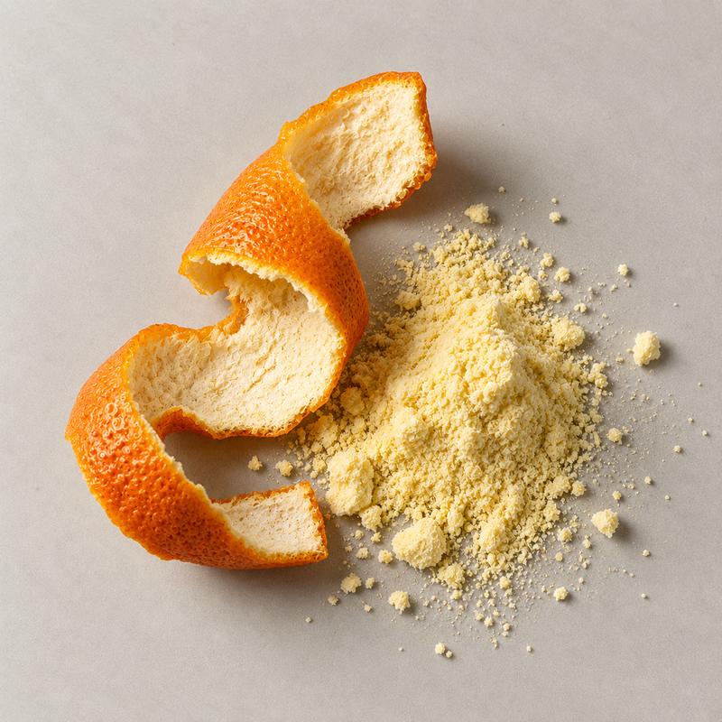 A curl of dried orange peel beside a mound of pale citrus powder on a stone grey background