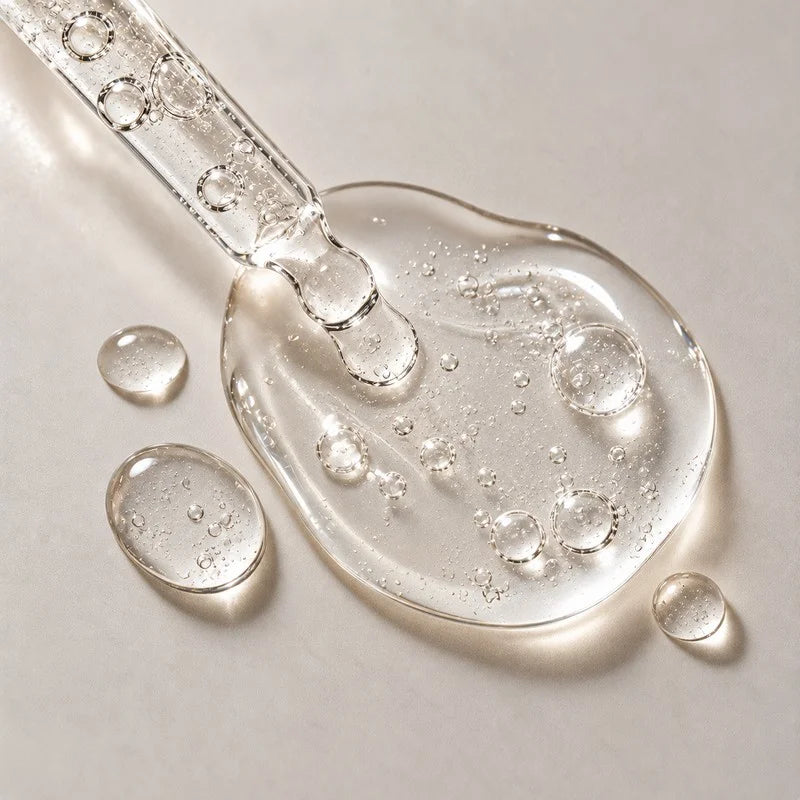 A glass dropper releasing a clear bubbled gel onto a stone grey surface, with small beads of gel beside it