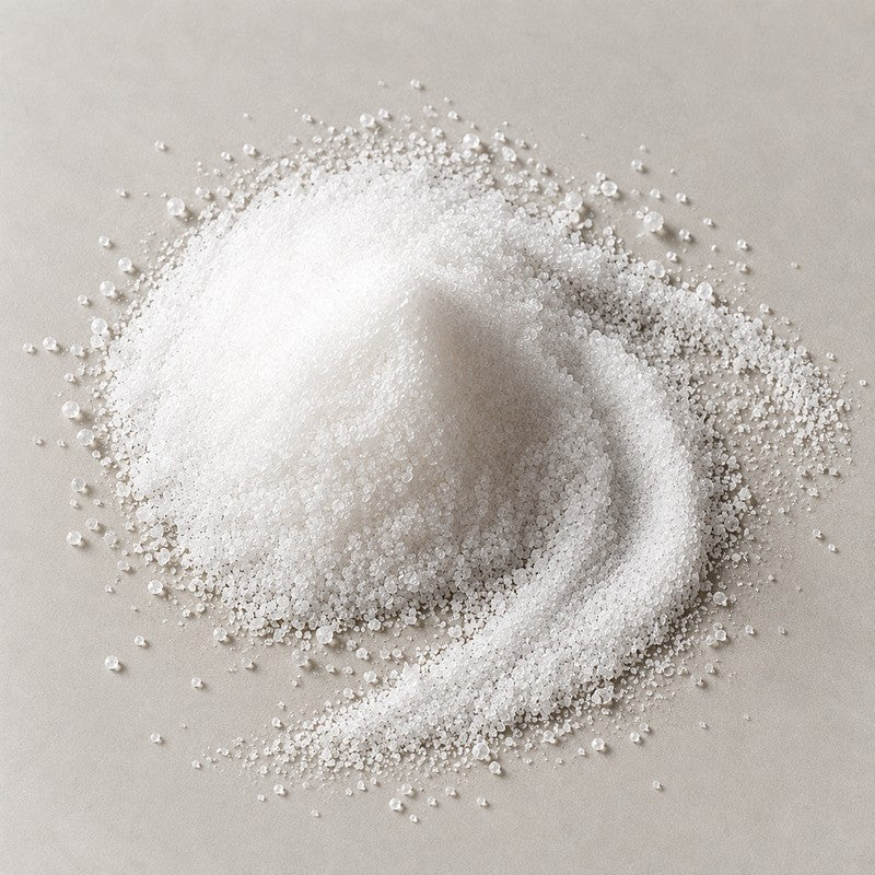 A mound of fine white sugar complex granules on a stone grey background