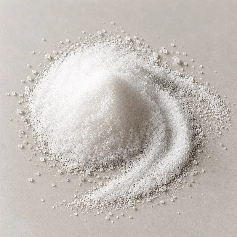 A mound of fine white sugar complex granules on a stone grey background