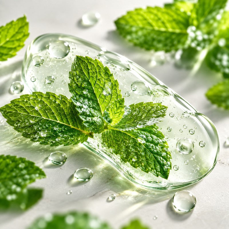 Fresh mint leaves resting in a pool of clear gel with water droplets, on a white surface