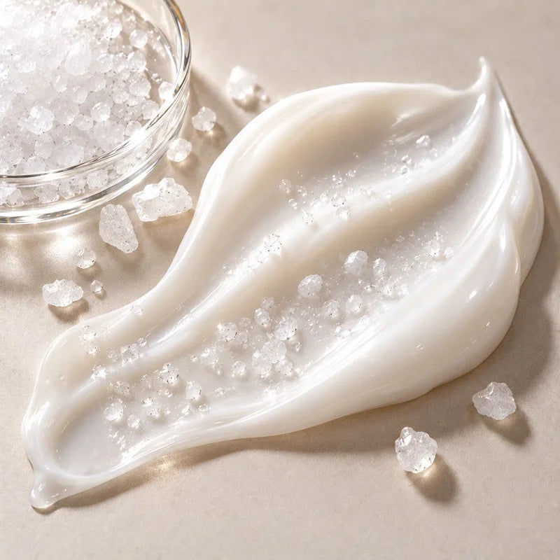 A swipe of thick white cream studded with coarse urea crystals, beside a glass dish of the crystals, on a pale background
