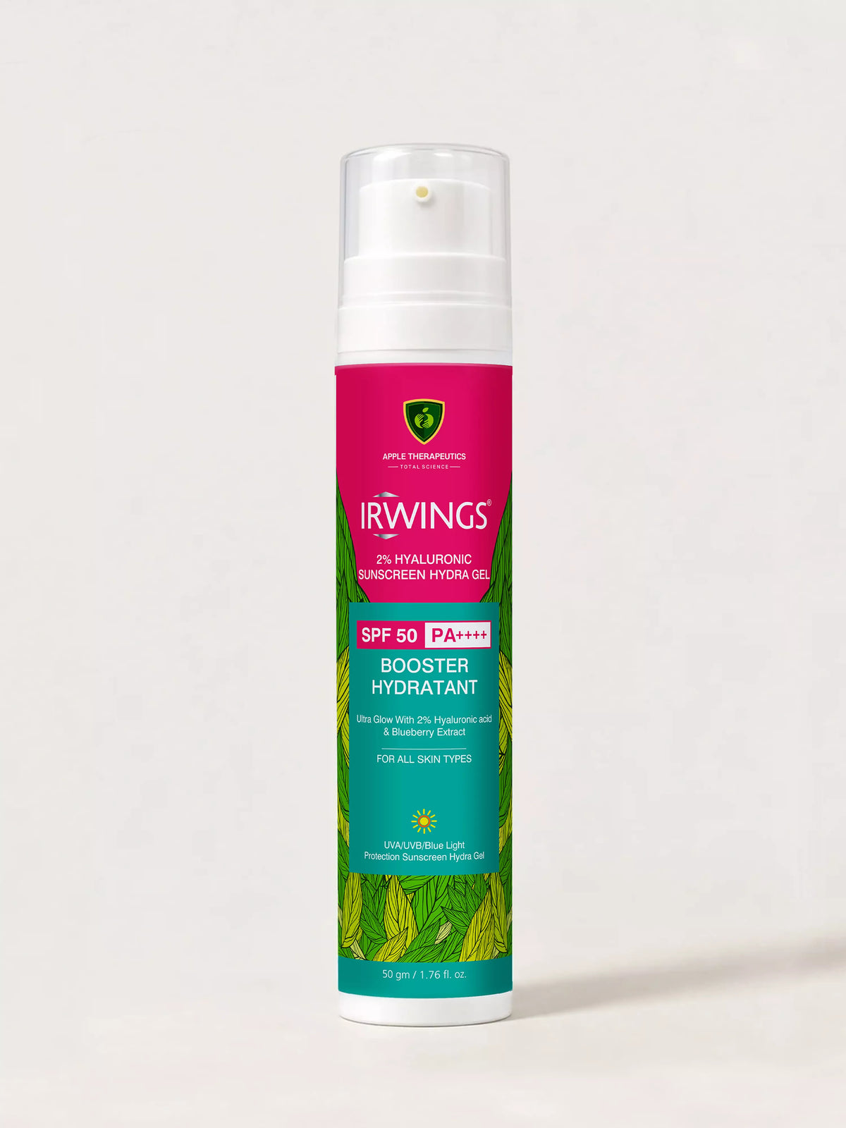 Irwings 2% Hyaluronic Sunscreen Hydra Gel SPF 50 PA++++ 50g pump bottle
